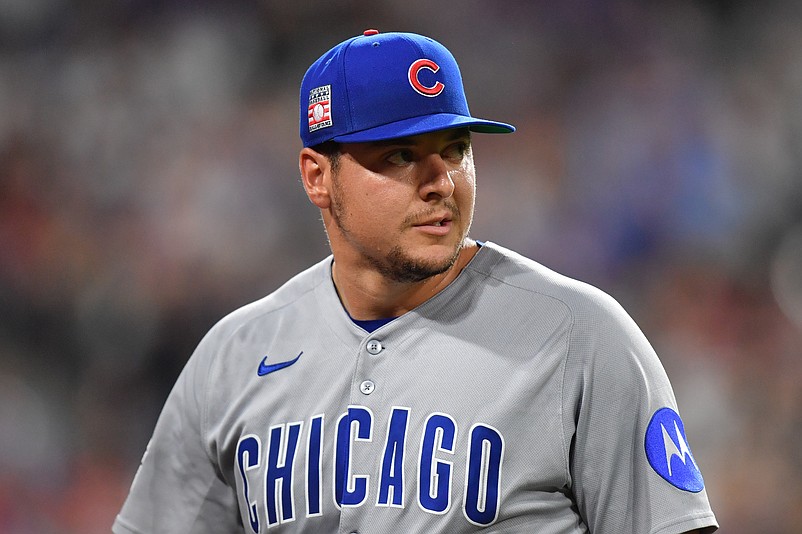 Jul 26, 2025; Chicago, Illinois, USA; Chicago Cubs pitcher Brad Keller (40) looks on during a game against the Chicago White Sox at Rate Field. Mandatory Credit: Patrick Gorski-Imagn Images