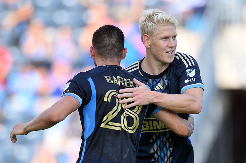 Philadelphia Union forward Tai Baribo, left, celebrates with defender Jakob Glesnes after scoring a goal against the Colorado Rapids during a Leagues Cup match on Aug. 25, 2024 at Subaru Park. Mandatory Credit: John Jones-USA TODAY Sports