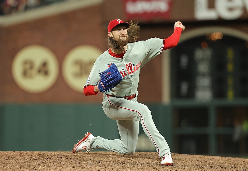 Jul 8, 2025; San Francisco, California, USA; Philadelphia Phillies relief pitcher Matt Strahm (25) pitches the ball against the San Francisco Giants during the seventh inning at Oracle Park. Mandatory Credit: Kelley L Cox-Imagn Images