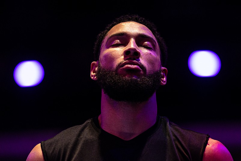 Nov 22, 2024; Philadelphia, Pennsylvania, USA; Brooklyn Nets guard Ben Simmons stands for the anthem before action against the Philadelphia 76ers at Wells Fargo Center. Mandatory Credit: Bill Streicher-Imagn Images