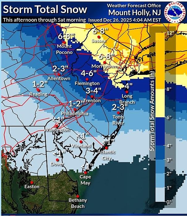 The impacts of the storm are expected to be a lot more severe in North Jersey compared to the southern part of the state. (Courtesy of National Weather Service)