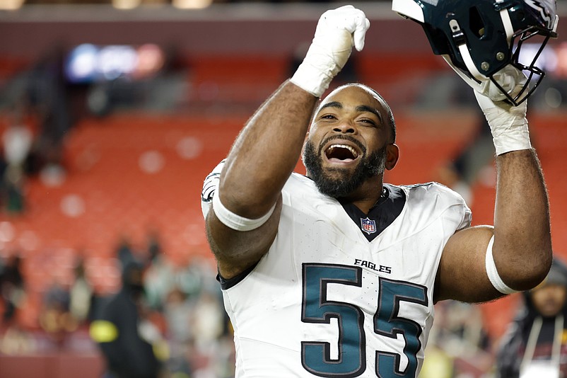 Dec 20, 2025; Landover, Maryland, USA; Philadelphia Eagles defensive end Brandon Graham (55) celebrates after defeating the Washington Commanders at Northwest Stadium. Mandatory Credit: Amber Searls-Imagn Images