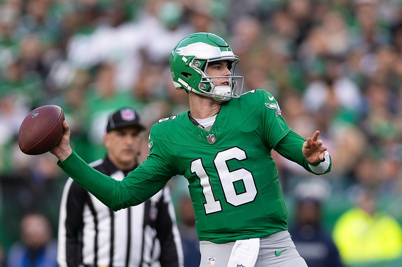 Dec 29, 2024; Philadelphia, Pennsylvania, USA; Philadelphia Eagles quarterback Tanner McKee (16) passes the ball during the third quarter against the Dallas Cowboys at Lincoln Financial Field. Mandatory Credit: Bill Streicher-Imagn Images