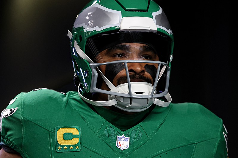 Oct 26, 2025; Philadelphia, Pennsylvania, USA; Philadelphia Eagles quarterback Jalen Hurts (1) comes out of the tunnel for warm ups against the New York Giants at Lincoln Financial Field. Mandatory Credit: Bill Streicher-Imagn Images