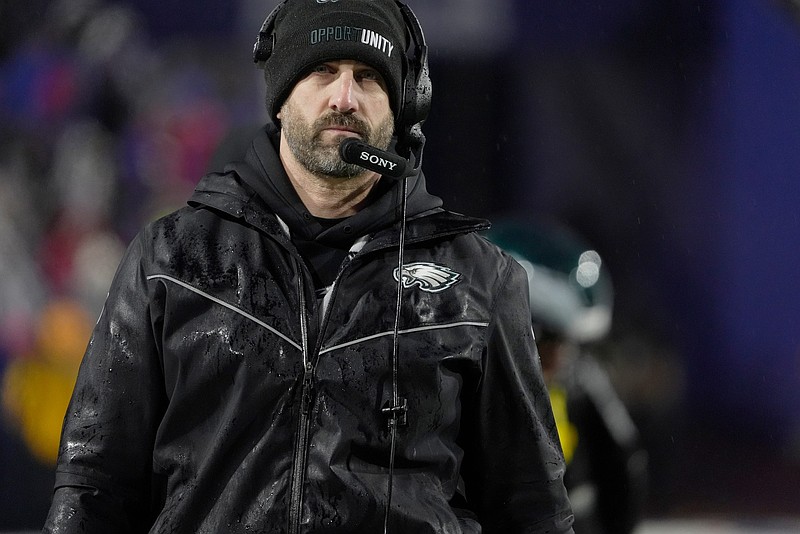 Philadelphia Eagles head coach Nick Sirianni paces the sideline during first half action against the Philadelphia Eagles at Highmark Stadium in Orchard Park on Dec. 28, 2025.