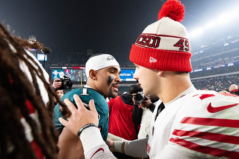 Dec 3, 2023; Philadelphia, Pennsylvania, USA; Philadelphia Eagles quarterback Jalen Hurts (1) and San Francisco 49ers quarterback Brock Purdy (13) shake hands on the field after the game at Lincoln Financial Field. Mandatory Credit: Bill Streicher-USA TODAY Sports
