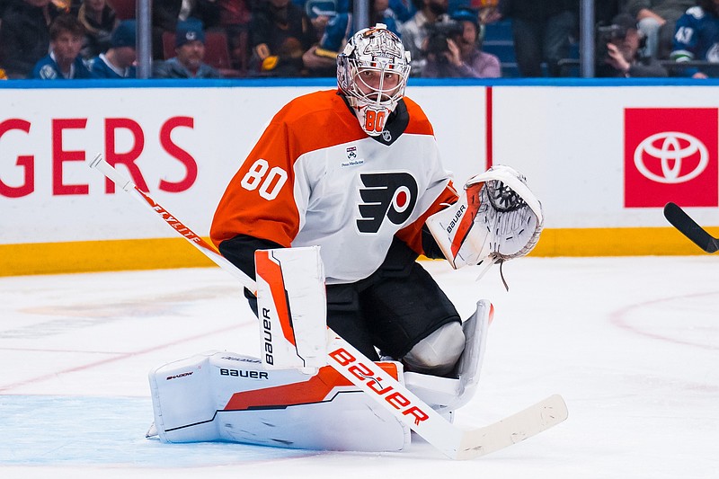 Dec 30, 2025; Vancouver, British Columbia, CAN; Philadelphia Flyers goalie Dan Vladar (80) in the net against the Vancouver Canucks in the second period at Rogers Arena. Mandatory Credit: Bob Frid-Imagn Images