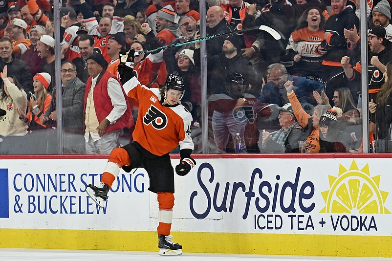 Jan 6, 2026; Philadelphia, Pennsylvania, USA; Philadelphia Flyers center Trevor Zegras (46) reacts after scoring goal against the Anaheim Ducks during the first period at Xfinity Mobile Arena. Mandatory Credit: Eric Hartline-Imagn Images
