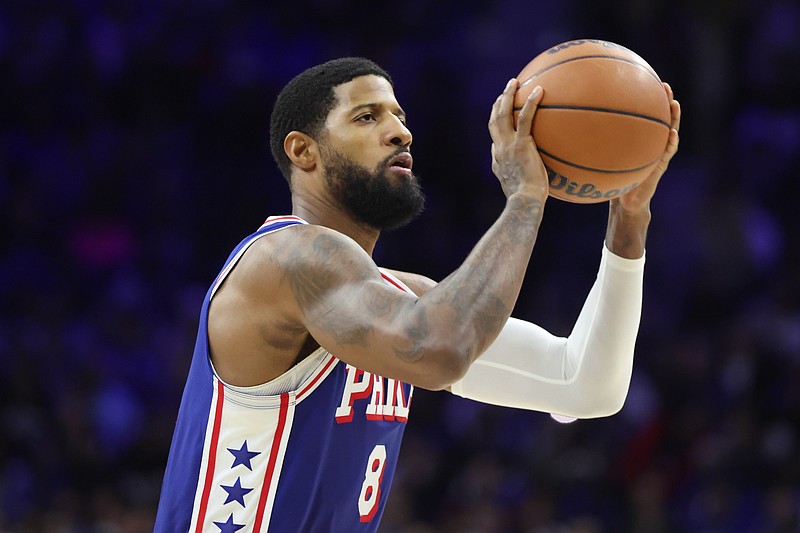 Jan 7, 2026; Philadelphia, Pennsylvania, USA; Philadelphia 76ers forward Paul George (8) shoots the ball against the Washington Wizards during the third quarter at Xfinity Mobile Arena. Mandatory Credit: Bill Streicher-Imagn Images