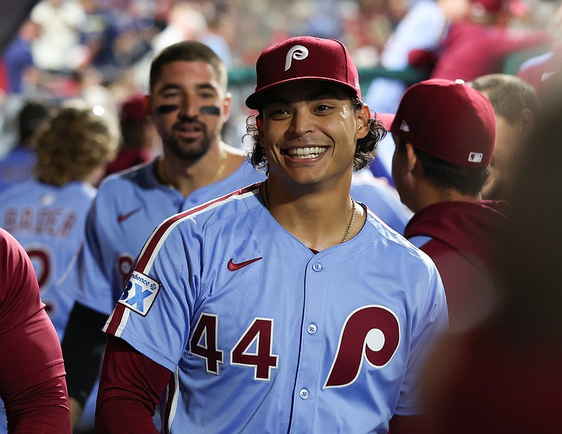 Sep 11, 2025; Philadelphia, Pennsylvania, USA; Philadelphia Phillies pitcher Jesœs Luzardo (44) reacts with teammates in the dugout after pitching out of the eighth inning against the New York Mets at Citizens Bank Park. Mandatory Credit: Bill Streicher-Imagn Images