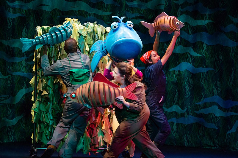 (From left) Emmanuel Elpenord, Kelly Grago, Leanne Brunn, Mukta Phatak in a performance of “The Pout-Pout Fish.” The TheaterWorksUSA musical production is coming to the Montco Cultural Center theater at Montgomery County Community College, Saturday, April 11, for two shows. Photo by Jeremy Daniel.