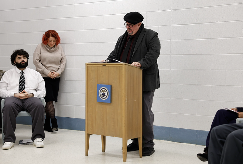 Warden David Mascellino addressed students at a Dec. 2 Inside Out program celebration. (Image courtesy of PSU Brandywine)