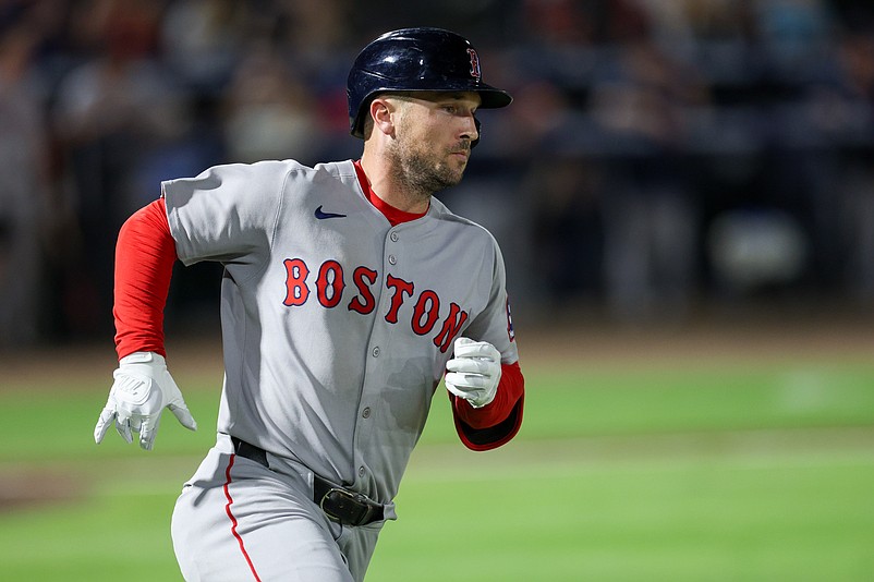 Sep 20, 2025; Tampa, Florida, USA; Boston Red Sox third baseman Alex Bregman (2) runs to first base after hitting an rbi single against the Tampa Bay Rays in the fifth inning at George M. Steinbrenner Field. Mandatory Credit: Nathan Ray Seebeck-Imagn Images