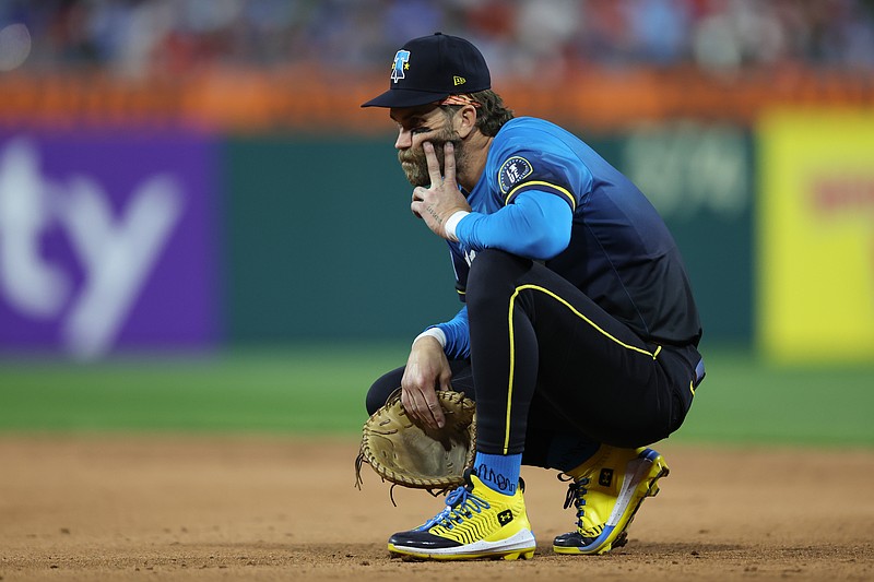 Apr 4, 2025; Philadelphia, Pennsylvania, USA; Philadelphia Phillies first base Bryce Harper (3) looks on against the Los Angeles Dodgers at Citizens Bank Park. Mandatory Credit: Bill Streicher-Imagn Images