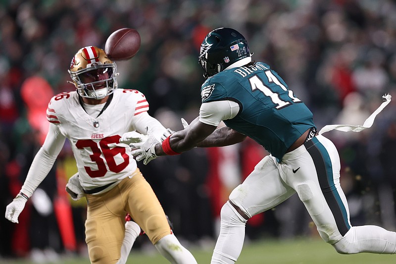 Jan 11, 2026; Philadelphia, PA, USA; Philadelphia Eagles wide receiver A.J. Brown (11) is unable to make a catch as San Francisco 49ers safety Marques Sigle (36) looks on during the second quarter in an NFC Wild Card Round game at Lincoln Financial Field. Mandatory Credit: Bill Streicher-Imagn Images