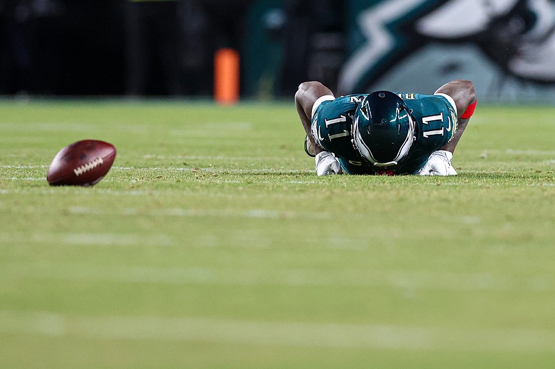 Jan 11, 2026; Philadelphia, PA, USA; Philadelphia Eagles wide receiver A.J. Brown (11) on the turf after a missed catch against the San Francisco 49ers in an NFC Wild Card Round game at Lincoln Financial Field. Mandatory Credit: Bill Streicher-Imagn Images
