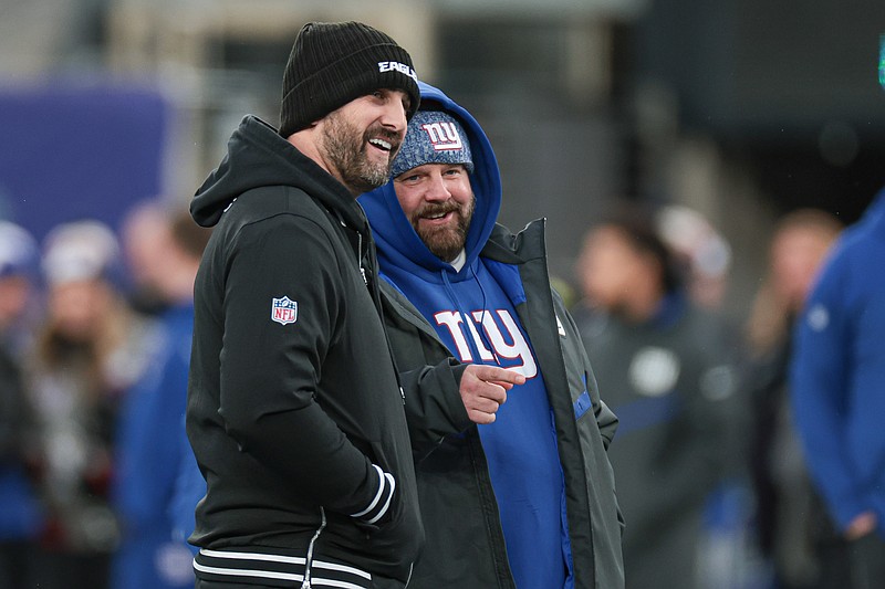 Jan 7, 2024; East Rutherford, New Jersey, USA; Philadelphia Eagles head coach Nick Sirianni with teammates New York Giants head coach Brian Daboll (right) before the game at MetLife Stadium. Mandatory Credit: Vincent Carchietta-USA TODAY Sports