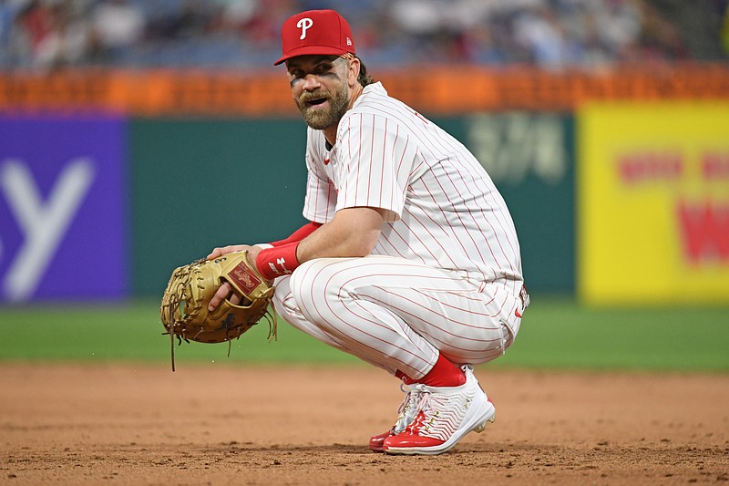 Apr 29, 2025; Philadelphia, Pennsylvania, USA; Philadelphia Phillies first base Bryce Harper (3) against the Washington Nationals at Citizens Bank Park. Mandatory Credit: Eric Hartline-Imagn Images