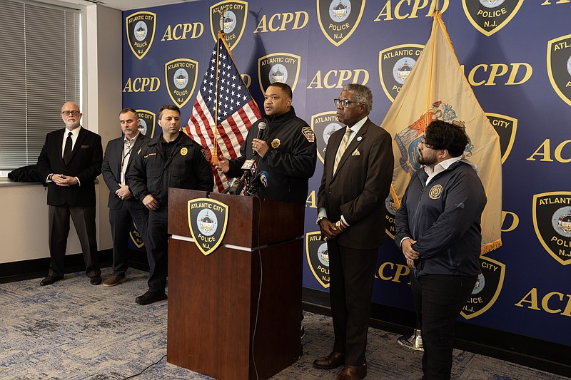 Mayor Marty Small is joined by, from left, attorney Jonathan Diego, Public Safety Director Sean Riggin, Police Chief James Sarkos, City Council Vice President Kaleem Shabazz and El Pueblo Unido de Atlantic City Executive Director Cristian Moreno-Rodriguez. (City of Atlantic City/Ed Lea)