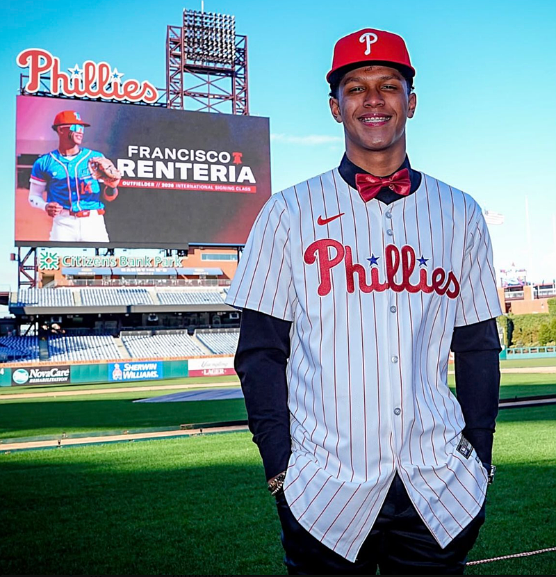 Francisco Renteria, 17, signed a $4 million contract with the Phillies on January 15, 2026. He is ranked the No. 2 International Prospect in baseball, according to Baseball America (Photo credit: @PhilsPlayerDev on X)