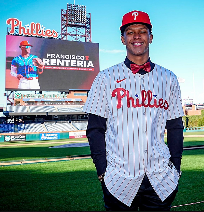 Francisco Renteria, 17, signed a $4 million contract with the Phillies on January 15, 2026. He is ranked the No. 2 International Prospect in baseball, according to Baseball America (Photo credit: @PhilsPlayerDev on X)