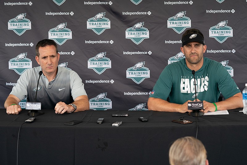 Jul 28, 2021; Philadelphia, PA, USA; Philadelphia Eagles general manager Howie Roseman (L) and head coach Nick Sirianni (R) speak with the media at training camp at NovaCare Complex. Mandatory Credit: Bill Streicher-USA TODAY Sports