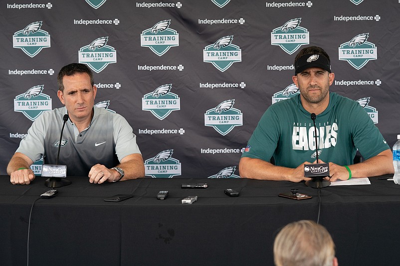 Jul 28, 2021; Philadelphia, PA, USA; Philadelphia Eagles general manager Howie Roseman (L) and head coach Nick Sirianni (R) speak with the media at training camp at NovaCare Complex. Mandatory Credit: Bill Streicher-USA TODAY Sports