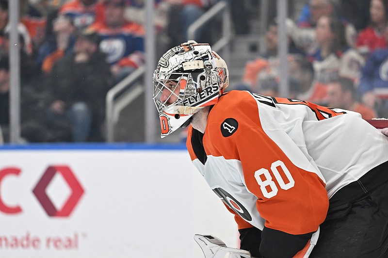 Jan 3, 2026; Edmonton, Alberta, CAN; Philadelphia Flyers goalie Dan Vladar (80) is seen out on the ice as the Edmonton Oilers take on the Philadelphia Flyers during the first period at Rogers Place. Mandatory Credit: Walter Tychnowicz-Imagn Images