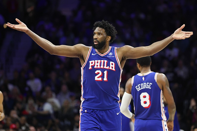 Jan 14, 2026; Philadelphia, Pennsylvania, USA; Philadelphia 76ers center Joel Embiid (21) reacts after his three pointer against the Cleveland Cavaliers during the third quarter at Xfinity Mobile Arena. Mandatory Credit: Bill Streicher-Imagn Images