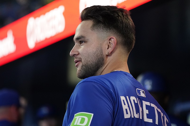 May 22, 2025; Toronto, Ontario, CAN; Toronto Blue Jays shortstop Bo Bichette (11) looks towards the field during a game against the San Diego Padres at Rogers Centre. Mandatory Credit: John E. Sokolowski-Imagn Images