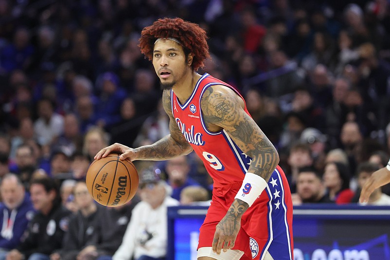 Jan 16, 2026; Philadelphia, Pennsylvania, USA; Philadelphia 76ers guard Kelly Oubre Jr. (9) controls the ball against the Cleveland Cavaliers during the second quarter at Xfinity Mobile Arena. Mandatory Credit: Bill Streicher-Imagn Images