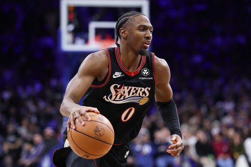 Dec 20, 2025; Philadelphia, Pennsylvania, USA; Philadelphia 76ers guard Tyrese Maxey (0) dribbles the ball against the Dallas Mavericks during the fourth quarter at Xfinity Mobile Arena. Mandatory Credit: Bill Streicher-Imagn Images