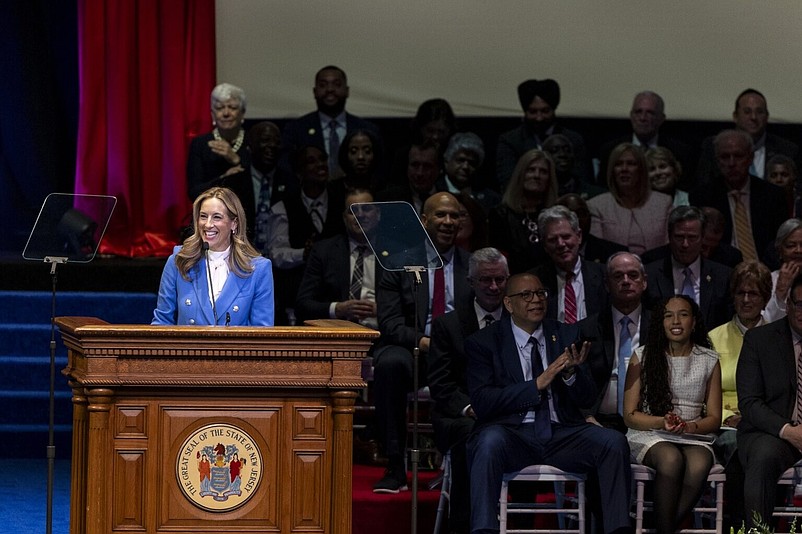 Gov. Mikie Sherrill addresses the audience during her inauguration at NJPAC in Newark. (Photo by Anne-Marie Caruso/New Jersey Monitor)