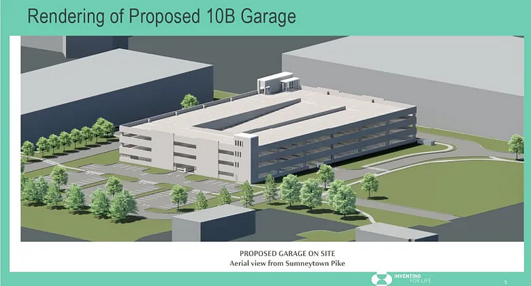 Rendering showing a proposed new parking garage on the northwest corner of the Merck West Point complex in Upper Gwynedd, as presented to the township commissioners on Monday, Jan. 12, 2026. (Image courtesy of Upper Gwynedd Township)