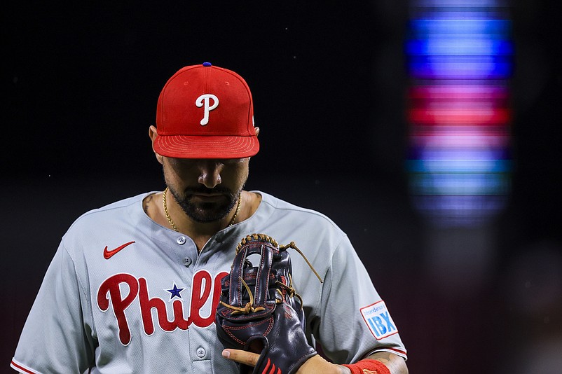 Aug 12, 2025; Cincinnati, Ohio, USA; Philadelphia Phillies outfielder Nick Castellanos (8) walks off the field at the end of the seventh inning against the Cincinnati Reds at Great American Ball Park. Mandatory Credit: Katie Stratman-Imagn Images