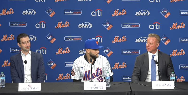 Bo Bichette looks to his agent when asked if his contract should be viewed as a one-year deal. (Photo credit: SNY)