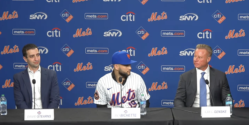 Bo Bichette looks to his agent when asked if his contract should be viewed as a one-year deal. (Photo credit: SNY)
