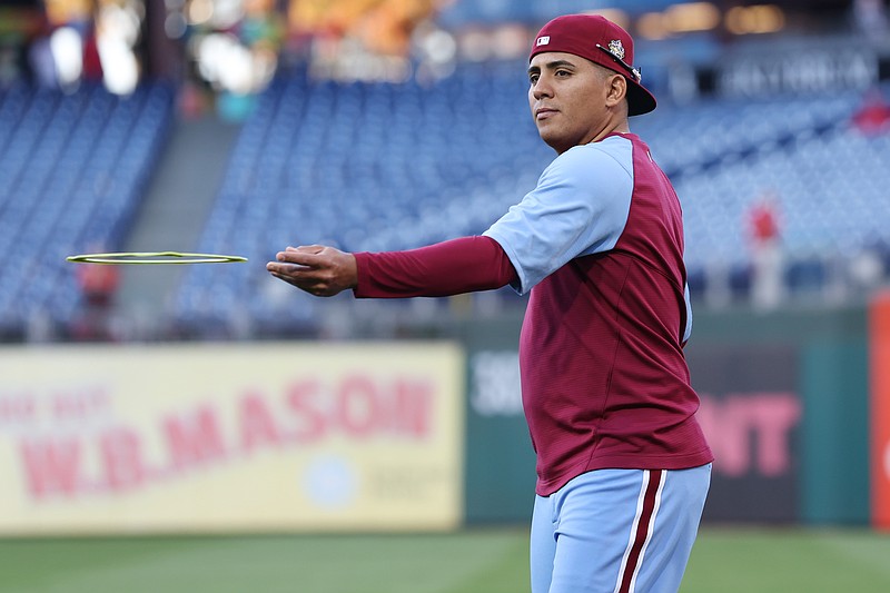 Nov 3, 2022; Philadelphia, Pennsylvania, USA; Philadelphia Phillies starting pitcher Ranger Suarez (55) throws an Aerobie frisbee before game five of the 2022 World Series against the Houston Astros at Citizens Bank Park. Mandatory Credit: Bill Streicher-USA TODAY Sports