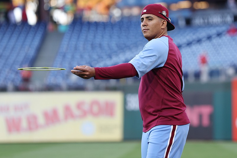 Nov 3, 2022; Philadelphia, Pennsylvania, USA; Philadelphia Phillies starting pitcher Ranger Suarez (55) throws an Aerobie frisbee before game five of the 2022 World Series against the Houston Astros at Citizens Bank Park. Mandatory Credit: Bill Streicher-USA TODAY Sports