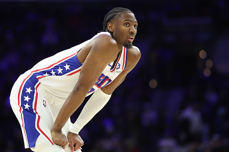 Jan 20, 2026; Philadelphia, Pennsylvania, USA; Philadelphia 76ers guard Tyrese Maxey (0) looks on during a break in the first quarter against the Phoenix Suns at Xfinity Mobile Arena. Mandatory Credit: Bill Streicher-Imagn Images