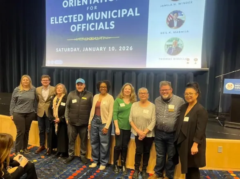 North Wales Borough elected officials pose at a training session hosted by Montgomery County for elected officials in early January 2026. From left to right are council members Candace Anderson, Alex Groce, Susan Manning, Mark Tarlecki, Anji Fazio, Melanie Catanese, Sally Neiderhiser, Mayor Neil McDevitt, and councilwoman Star Little. (Photo via Facebook: North Wales Borough)
