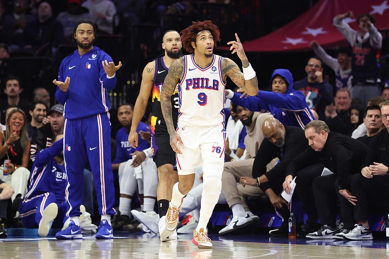 Jan 20, 2026; Philadelphia, Pennsylvania, USA; Philadelphia 76ers guard Kelly Oubre Jr. (9) reacts after his three pointer against the Phoenix Suns during the second quarter at Xfinity Mobile Arena. Mandatory Credit: Bill Streicher-Imagn Images