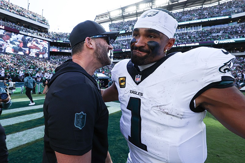 Sep 21, 2025; Philadelphia, Pennsylvania, USA; Philadelphia Eagles quarterback Jalen Hurts (1) and head coach Nick Sirianni celebrate after a victory against the Los Angeles Rams at Lincoln Financial Field. Mandatory Credit: Bill Streicher-Imagn Images