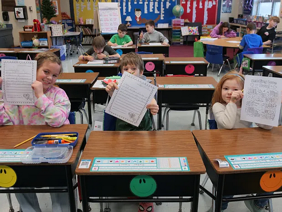 Seylar Elementary students display their letters to the elderly. (Courtesy of David Thomas)