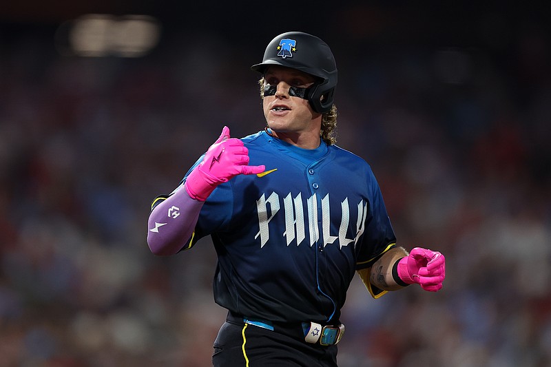 Aug 1, 2025; Philadelphia, Pennsylvania, USA; Philadelphia Phillies outfielder Harrison Bader (2) reacts after drawing a walk during the seventh inning against the Detroit Tigers at Citizens Bank Park. Mandatory Credit: Bill Streicher-Imagn Images