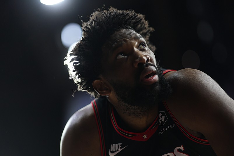 Jan 24, 2026; Philadelphia, Pennsylvania, USA; Philadelphia 76ers center Joel Embiid (21) looks on after a play against the New York Knicks during the second quarter at Xfinity Mobile Arena. Mandatory Credit: Bill Streicher-Imagn Images