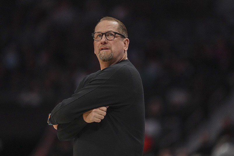 Jan 26, 2026; Charlotte, North Carolina, USA; Philadelphia 76ers head coach Nick Nurse during the first quarter against the Charlotte Hornets  at Spectrum Center. Mandatory Credit: Jim Dedmon-Imagn Images