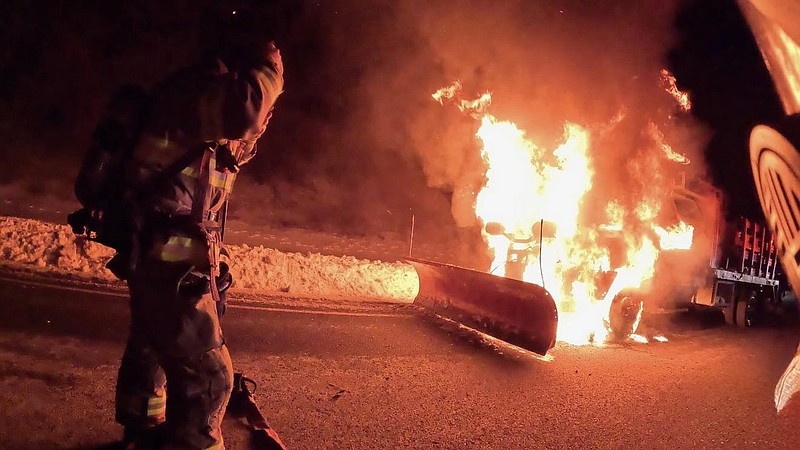 A snowplow caught fire in its engine compartment Monday night, according to first responders. (Image courtesy of Broomall Fire Company)
