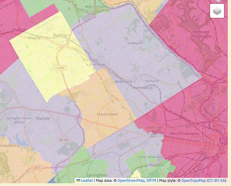 Public school districts have opened registration for new students in the 2026-27 school year. Pictured here, Radnor (yellow), Haverford (orange), and Lower Merion (upper right, purple) school districts all have online portals. (Image courtesy of https://andyarthur.org/kml-maps-pennsylvania-school-districts.html)