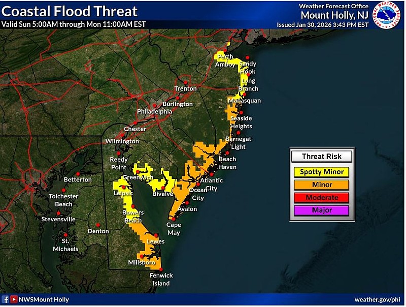 The threat of minor coastal flooding is most serious on Sunday morning at high tide. (Courtesy of National Weather Service)